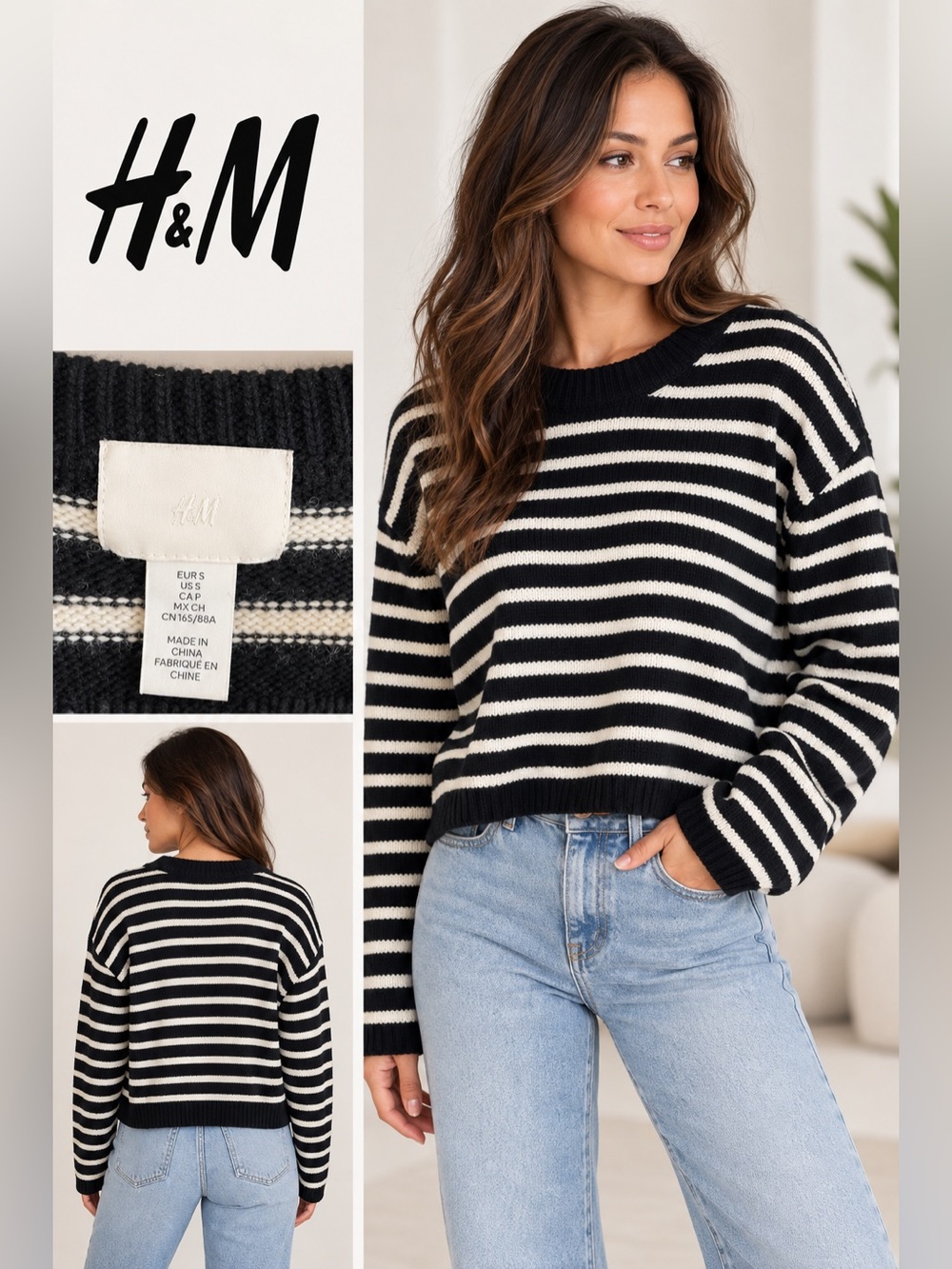 H&M Black Cream Striped Ribbed Knit Crop Pullover Sweater Size S